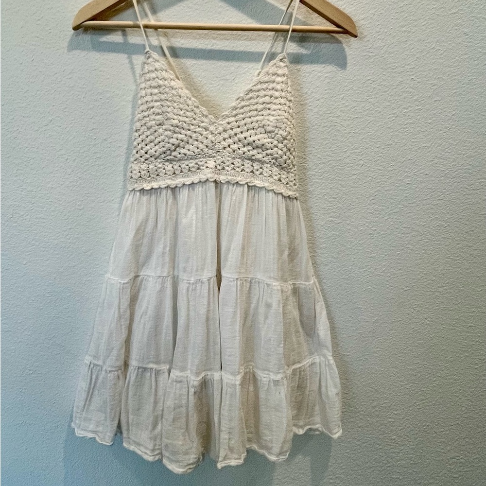 Aria Cream Crochet-Top Tiered Mini Dress